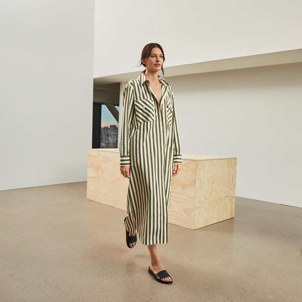 model wearing green striped Nordstrom collection