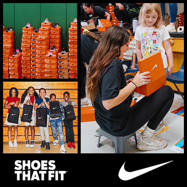 Shoes That Fit and Nike logos, images of shoe boxes and kids with shoes